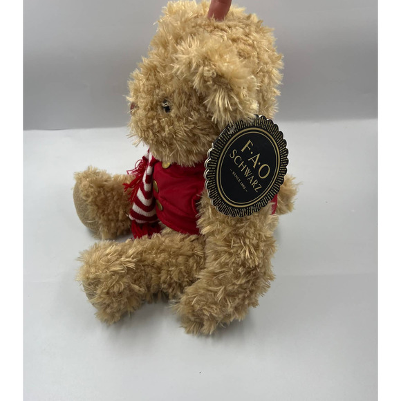 FAO Schwarz Plush Stuffed Fuzzy Teddy Bear Red Vest Striped Scarf NEW NWT - Picture 4 of 9
